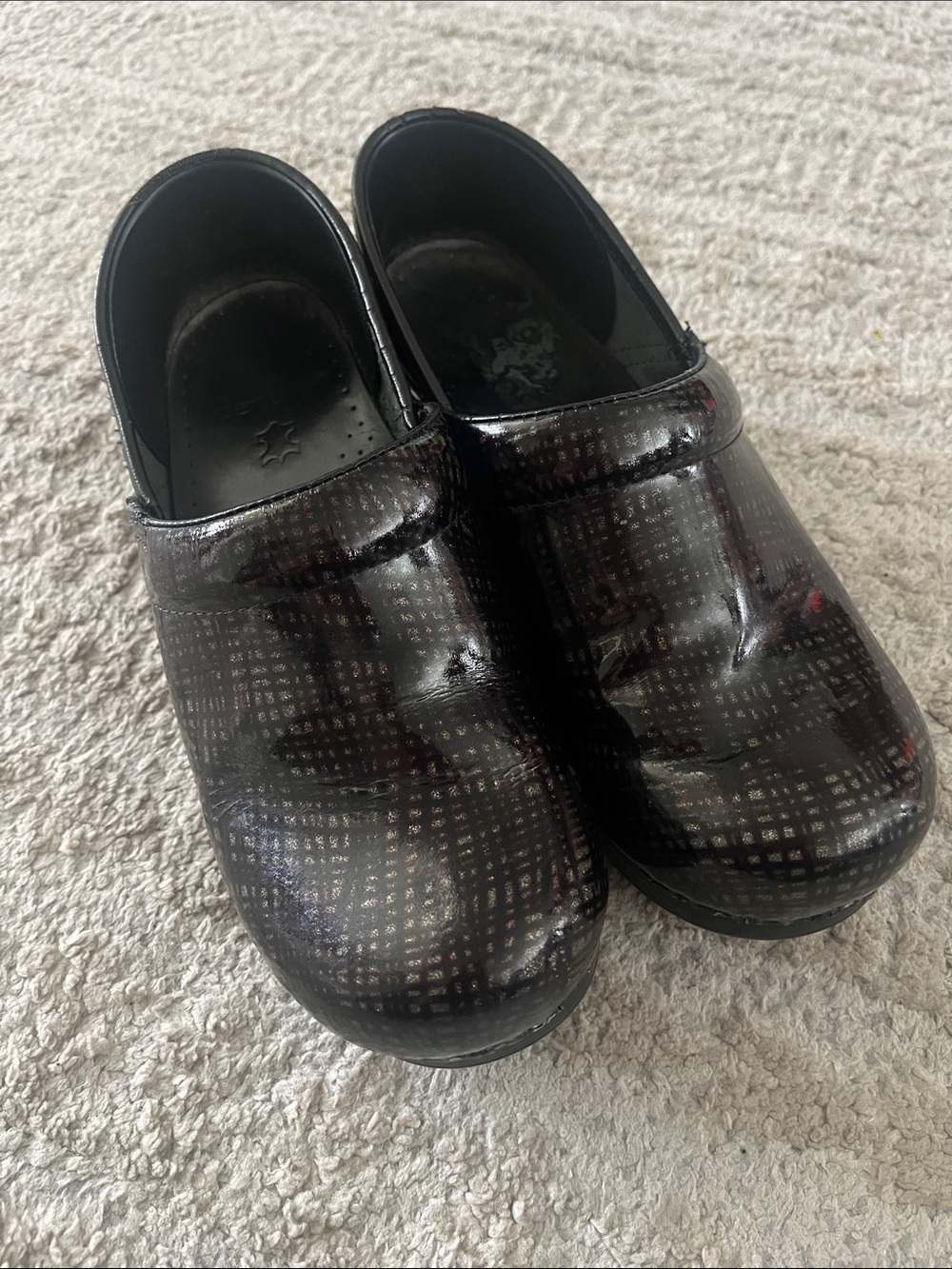 Dansko Black and Metallic Sparkles Check Patent Slip-On Professional Clogs 38